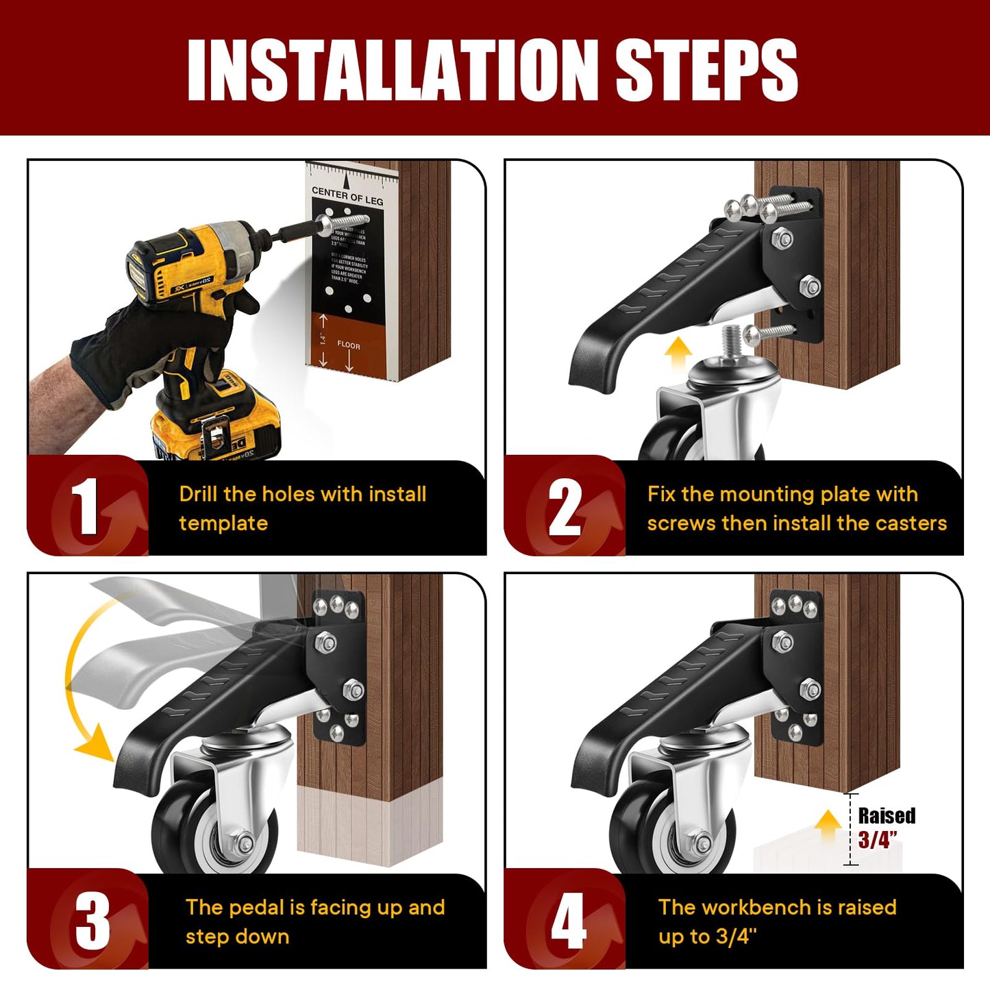 SPACECARE Retractable Workbench Casters Kit, Heavy Duty Workbenches Wheeels with 600 lbs Capacity, Adjustable Workbench Casters for Workbenches, Tables, and Cabinets, Easy to Install 4 Pack