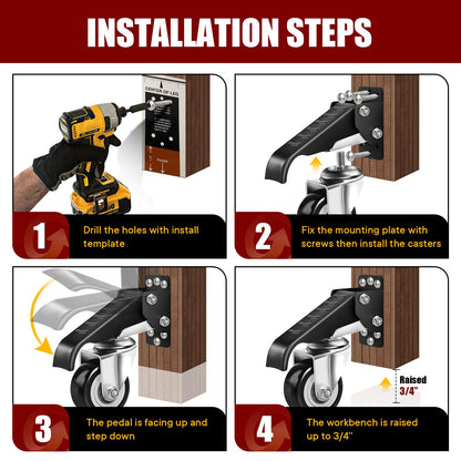 SPACECARE Retractable Workbench Casters Kit, Heavy Duty Workbenches Wheeels with 600 lbs Capacity, Adjustable Workbench Casters for Workbenches, Tables, and Cabinets, Easy to Install 4 Pack