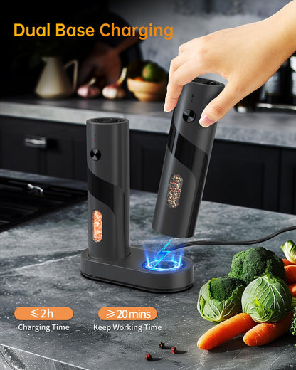 CIRCLE JOY Electric Rechargeable Salt and Pepper Grinder Set Top-Refill Automatic Pepper Mill Grinder with Charging Base, Adjustable Coarseness, Easy Filling Larger Capacity with Led for Home Kitchen