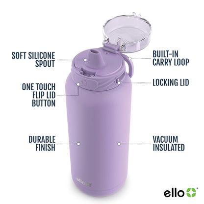 Ello Cooper 22oz Stainless Steel Water Bottle with Straw and Carry Handle, Double Walled and Vacuum Insulated Metal, Leak Proof Locking Lid with Soft Silicone Spout, Reusable, BPA Free, Lilac