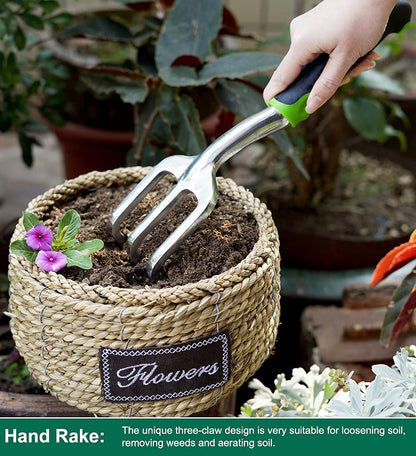 ESOW Garden Tool Set, 3 Piece Cast-Aluminum Heavy Duty Gardening Kit Includes Hand Trowel, Transplant Trowel and Cultivator Hand Rake with Soft Rubberized Non-Slip Ergonomic Handle, Garden Gifts