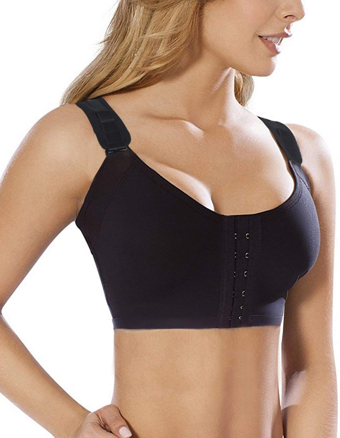 SHAPERX Women's Post-Surgical Front Closure Sports Bra Adjustable Wide Strap Racerback Support Bra,SZ83288-Black-L