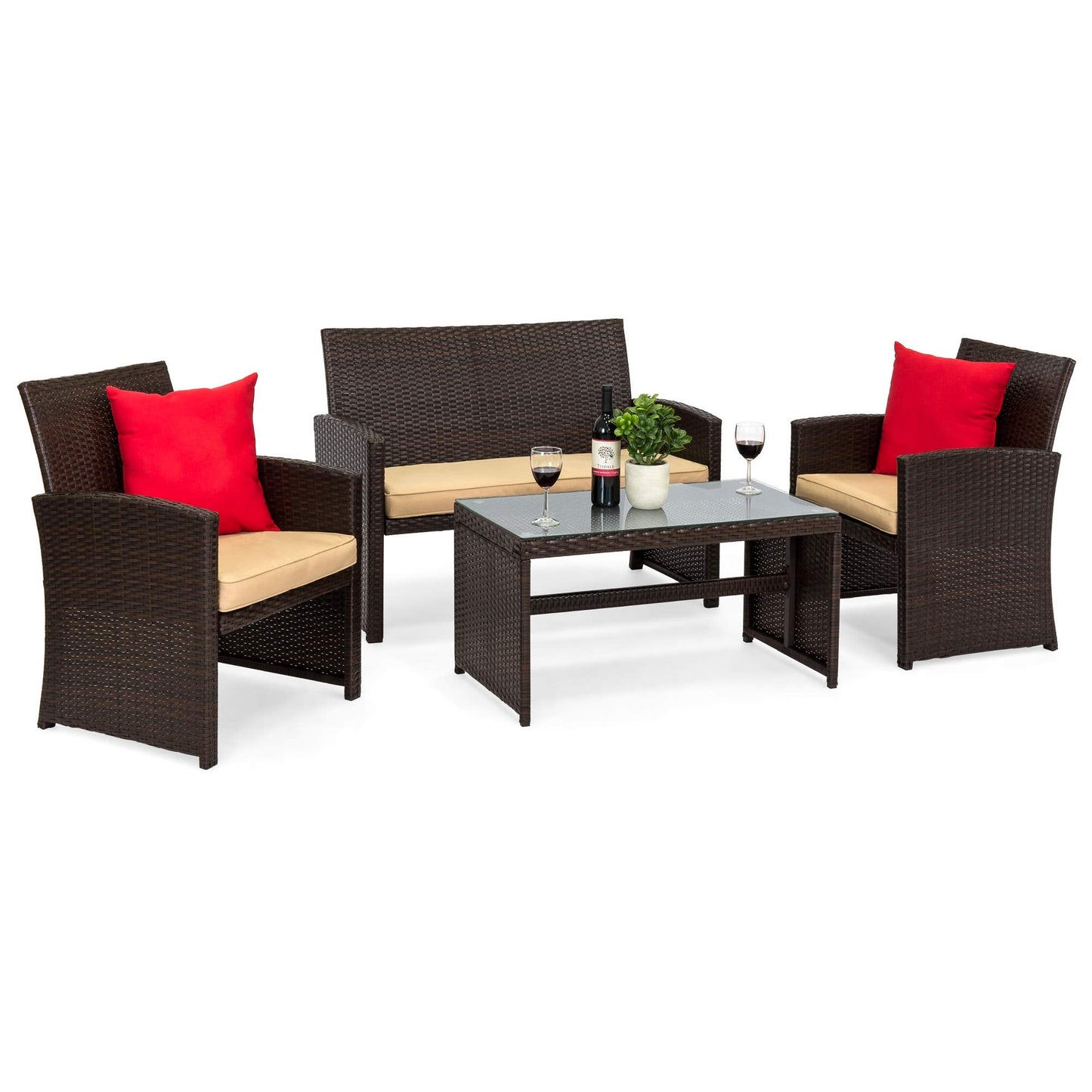Best Choice Products 4-Piece Outdoor Wicker Patio Conversation Furniture Set for Backyard w/Coffee Table, Seat Cushions - Brown/Beige