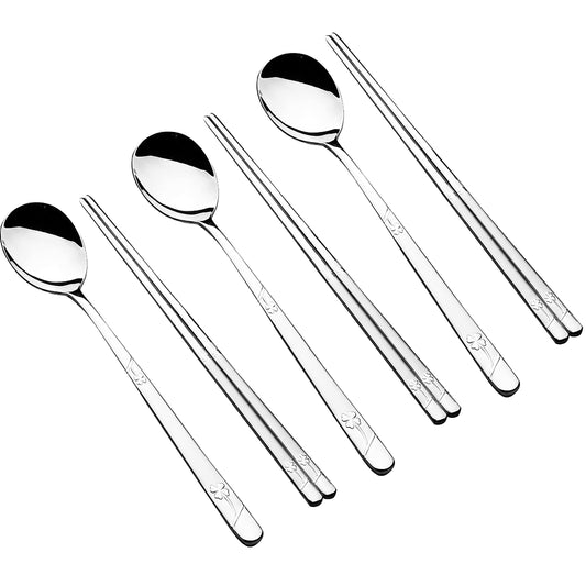 YAPULLYA Korean Metal Chopsticks and Spoons Set, Reusable Stainless Steel Flatware Chopsticks and Spoons with long-hand, set of 3 (Lucky Clover)