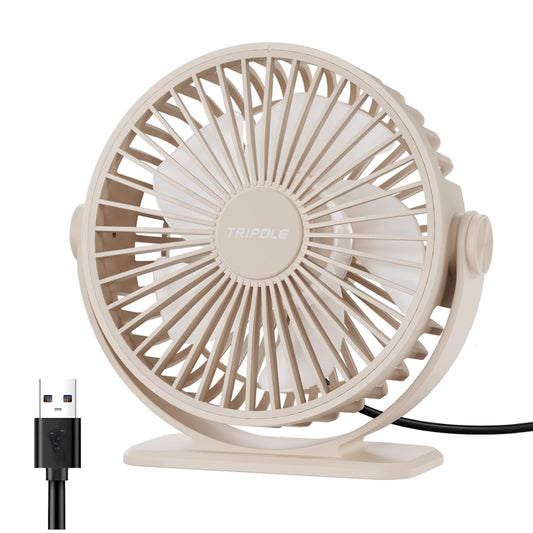TriPole USB Desk Fan Small Portable Personal Fan, 3 Speeds Adjustable Strong Breeze Mini Electric Fan, 360° Rotation Quiet Plug In USB Fan for Desktop Bedroom Office Table Travel Cruise, Beige, 4.5in