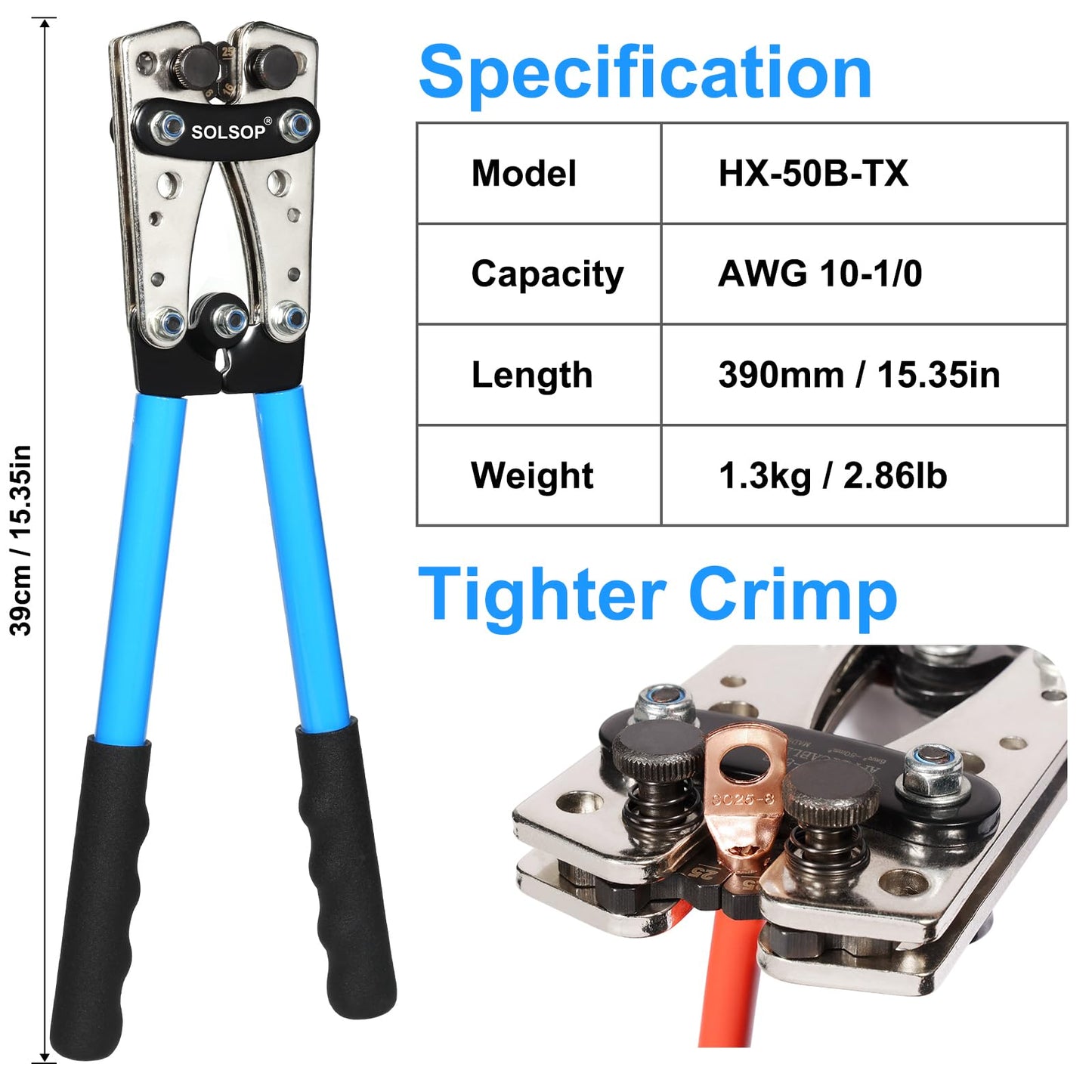 Solsop Battery Cable Crimper Tool for AWG 10, 8, 6, 4, 2, 1/0 Gauge Electrical Lug, Battery Lug Crimping Tool with 60PCS Copper Wire Lugs and Heat Shrink Tubing, Cable Cutter