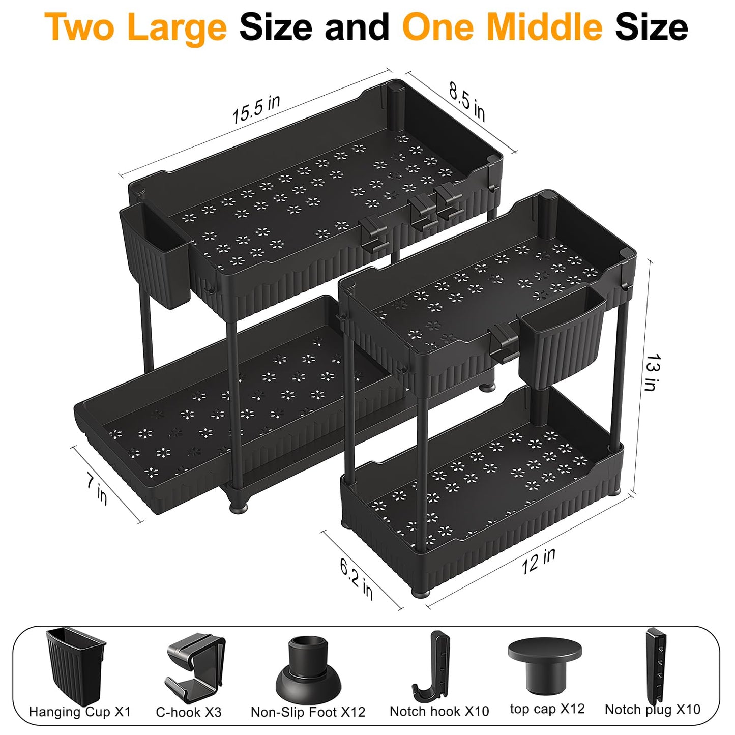 Sevenblue 3 Pack Under Sink Organizers, 2-Tier Multi-Use Kitchen and Bathroom Organizers and Storage with Sliding Drawers，Bathroom Cabinet Organizer (Black, 12.8 Inch)