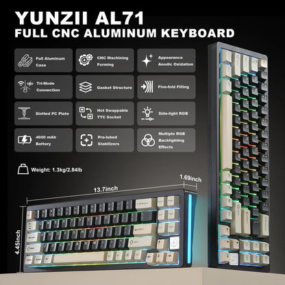 YUNZII AL71 75% Mechanical Keyboard,Full Aluminum CNC,Hot Swappable Gasket,2.4GHz Wireless BT5.0/USB-C Wired,NKRO Programmable RGB Backlight Creamy Typing for Win/Mac(Black,Crystal White Switch)