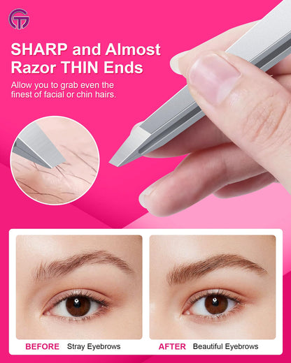 Expert Slant Tip Tweezers with Leather Case, GlamTweeler Sharp & Precision Stainless Steel Tweezer for Eyebrows, Facial Hair and Fine Hairs Removal (Silver)