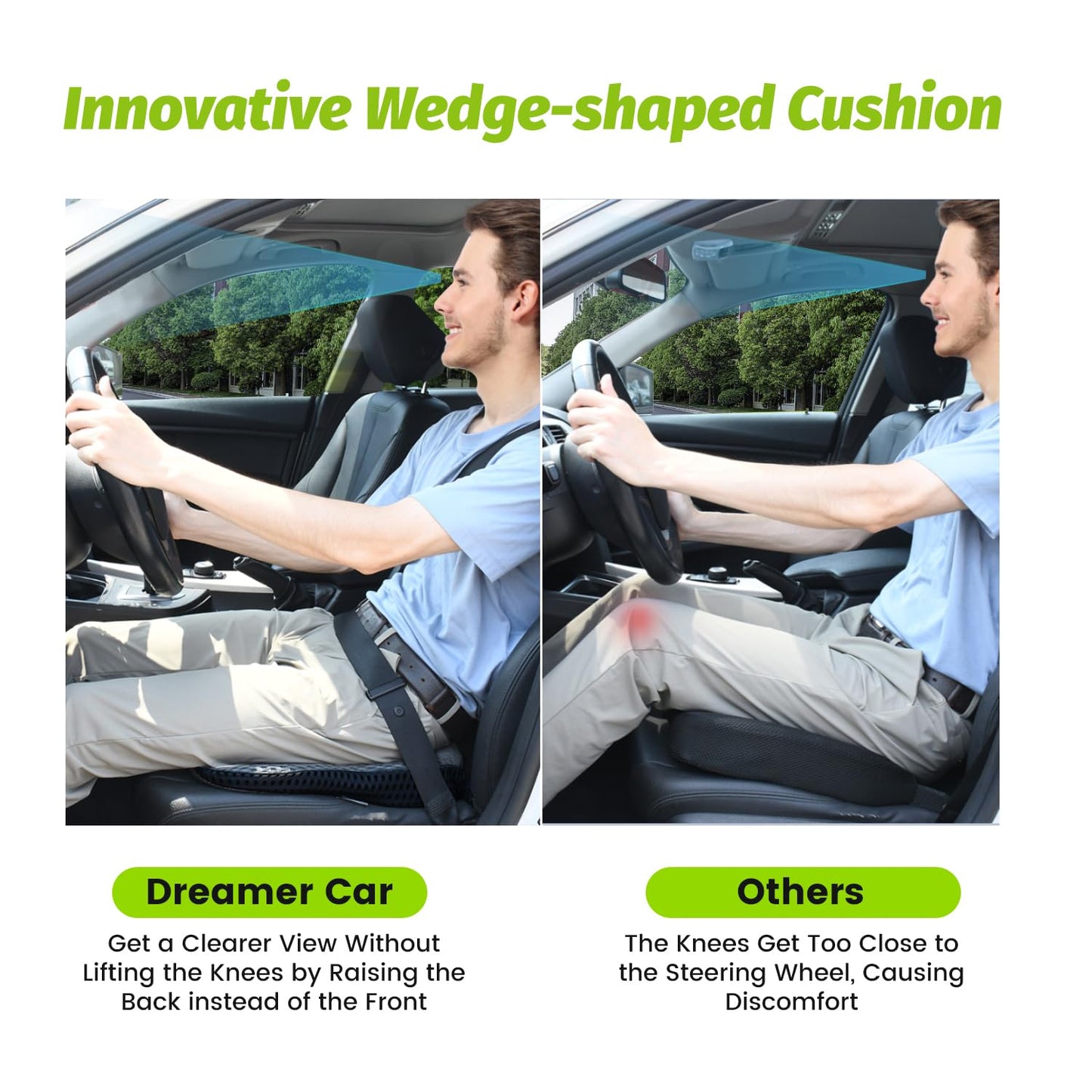 Soft Dense Memory Foam Car Seat Cushion for Driving - Seat Cushion for Car Seat Driver with Wedge Design & Raised Back to Broaden Vision, Provides Comfort for Lower Back & HIPS (Passenger Use Too)