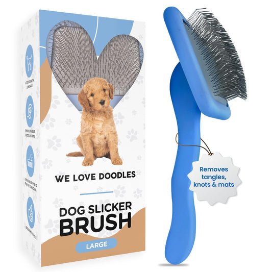 Slicker Brush for Dogs, Dog Grooming Supplies - Best Doodle & Poodle Brush for Long Haired Dogs - Goldendoodle Long Pin Detangler For Dematting (Large Curved)