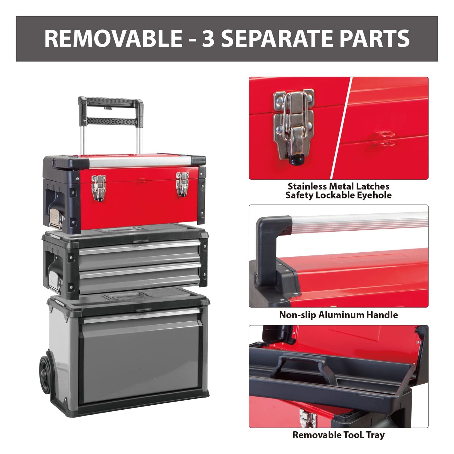 BIG RED TRJF-C305ABD Torin Garage Workshop Organizer: Portable Steel and Plastic Stackable Rolling Upright Trolley Tool Box with 3 Drawers, 20.5" L x 12.6" W x 28.4"