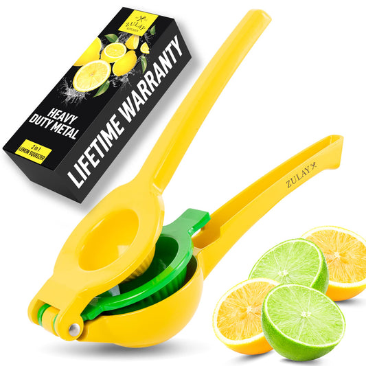 Zulay Kitchen Metal 2-in-1 Lemon Squeezer - Sturdy Max Extraction Hand Juicer Lemon Squeezer Gets Every Last Drop - Easy to Clean Manual Citrus Juicer - Easy-Use Lemon Juicer Squeezer - Yellow/Green