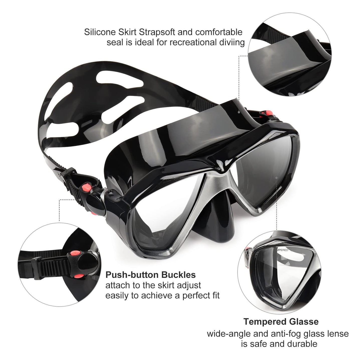 Snorkel Diving Mask Panoramic HD Swim Mask, Anti-Fog Scuba Diving Goggles,Tempered Glass Dive Mask Adult Youth Swim Goggles with Nose Cover for Diving, Snorkeling, Swimming (A-Black)