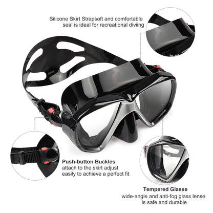 Snorkel Diving Mask Panoramic HD Swim Mask, Anti-Fog Scuba Diving Goggles,Tempered Glass Dive Mask Adult Youth Swim Goggles with Nose Cover for Diving, Snorkeling, Swimming (A-Black)