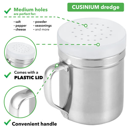 CUSINIUM Metal Salt Pepper Cooking Dredge Shakers - With Handle - Seasonings Spice Shakers With Holes and Lids - 6 Ounce, 2pcs | Style: Medium