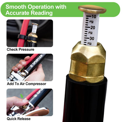 Spurtar 10-120 PSI Heavy Duty Tire Pressure Gauge with Inflator Air Chuck with Pressure Gauge with 4 Way Tool and Valve Cores Air Compressor Attachments Tire Inflator Nozzle for Car Automotive Truck