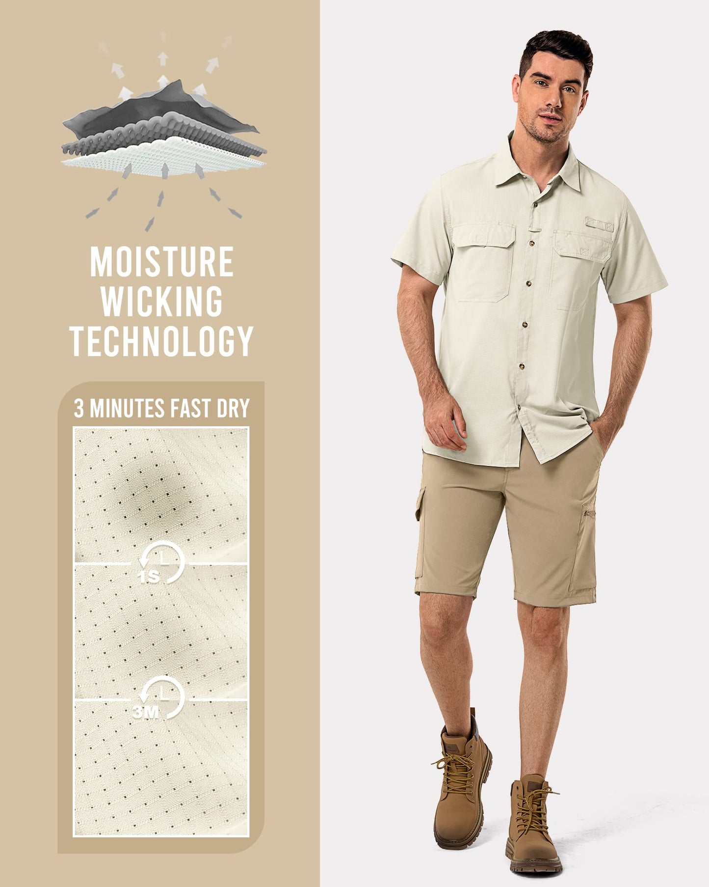 33,000ft Men's UPF 50+ UV Short Sleeve Hiking Fishing Shirt Quick Dry Cooling PFG Sun Protection Shirt for Travel Safari Khaki