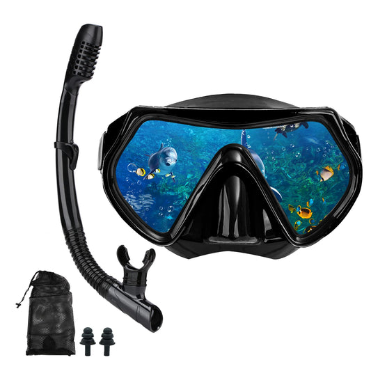Snorkel mask Snorkeling Set for Adults and Youth, Diving mask and Full Dry Snorkel Swim Googles is Suitable for Snorkeling, Dive Scuba Diving, Swimming (Black)