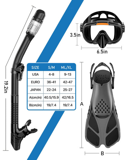 Ubekezele Snorkeling Gear for Adults Men Women,4 in 1 Snorkel Set with Panoramic View Diving Mask Anti-Fog Anti-Leak,Dry Top Snorkel,Fins and Travel Bag for Swimming,Snorkeling and Travel Diving