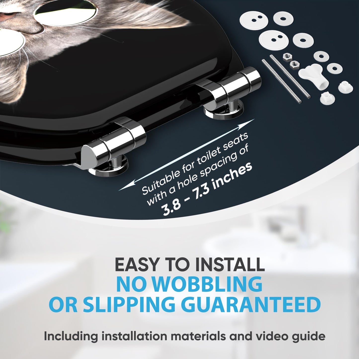 Sanilo Soft Close Toilet Seat ELONGATED, Quiet and Slow Close Lid and Seat, Strong Bumpers and Hinges (Cool Cat)