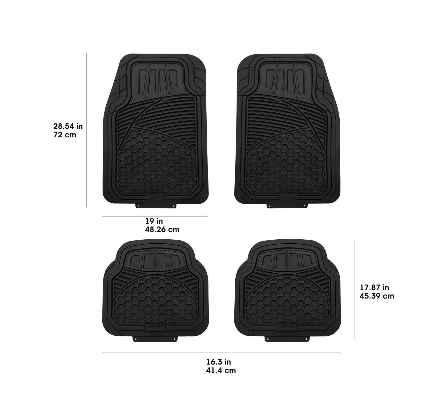 Amazon Basics Heavy Duty Car Floor Mat, PVC Faux Rubber, with Carpet Backing, Universal Deluxe All-Weather Trim to Fit for 95% Automotive SUV Sedans Trucks, 4-Piece, Solid Black