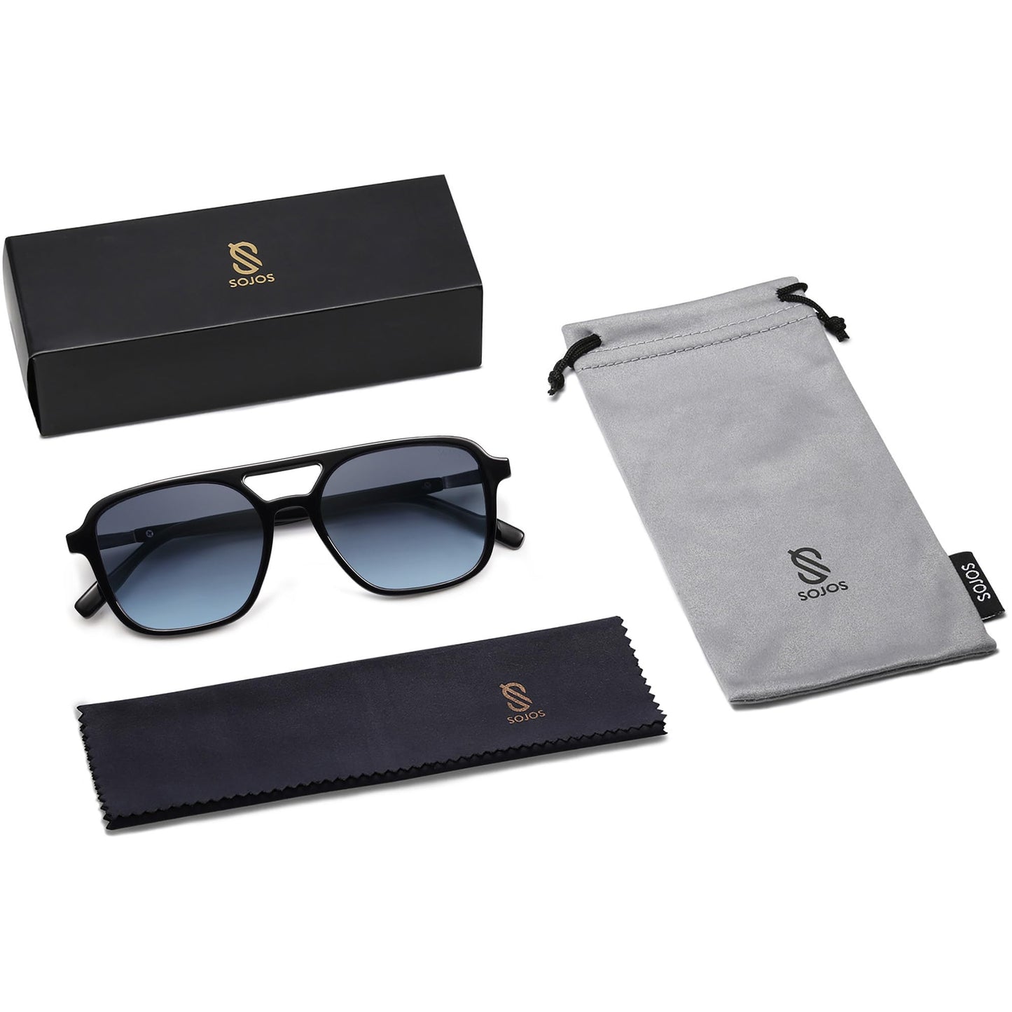 SOJOS Retro Aviator Sunglasses for Women Men,Trendy Rectangle Womens Mens Shades Sun Glasses SJ2202 Black Blue Lens