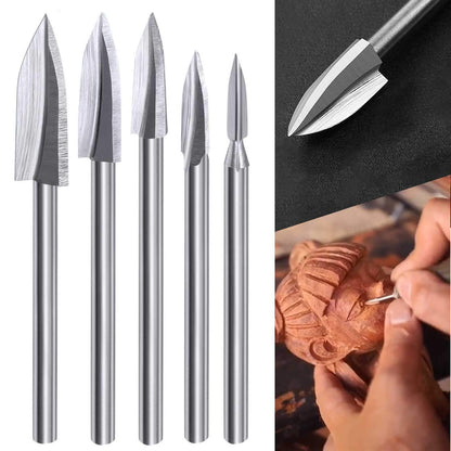 Wood Carving Tools, 5 PCS HSS Engraving Drill Bit Set Wood Crafts Grinding Woodworking Tool 1/8” Shank Universal Fitment for Rotary Tools