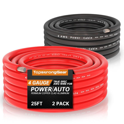 TOPSTRONGGEAR 4 Gauge 25ft Black and 25ft Red Power/Ground Wire-Copper Clad Aluminum CCA-True 4 AWG-True Spec and Soft Touch Cable