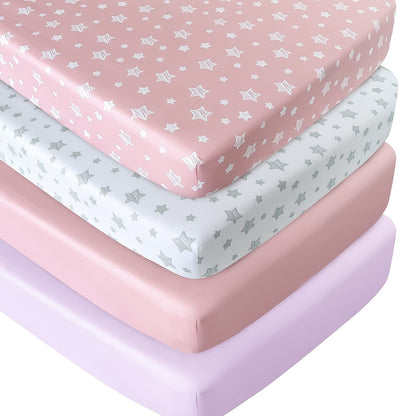 Crib Sheets for Girls 4 Pack, Fitted Crib Sheets for Standard Size Crib and Toddler Mattresses, Soft and Breathable Baby Gift Girl Set, Pink