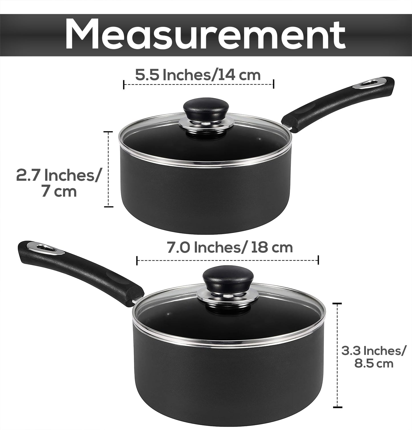 Utopia Kitchen Nonstick Saucepan Set, Cooking Pots with Lids, 1 Quart and 2 Quarts Multipurpose Kitchen Small Pots for Cooking Nonstick With Lids, 1 qt & 2 qt Set, Grey & Black