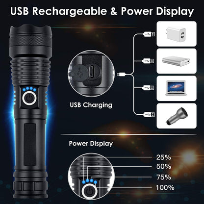Rechargeable Flashlights High Lumens, 90000 Lumens Super Bright LED Flash Light, 5 Modes, IPX6 Waterproof Handheld Flash Light for Home, Emergencies, Camping