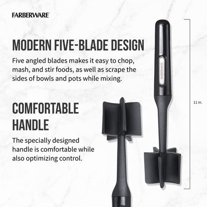 FARBERWARE Nylon Meat & Potato Masher, Heat-Resistant and Safe for Non-Stick Cookware, Durable 10-Inch Kitchen Tool with Ergonomic Handle, Black
