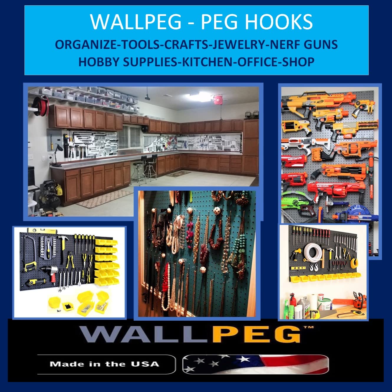WallPeg Pegboard Kit - 4 Each 24"x16" Peg Board Panels - Made in USA - Mounted Size is 48" x 24" Pegboards Wall Organizer for Walls Home, Garage Tool Storage, Office Organization, Kitchen, Craft Room