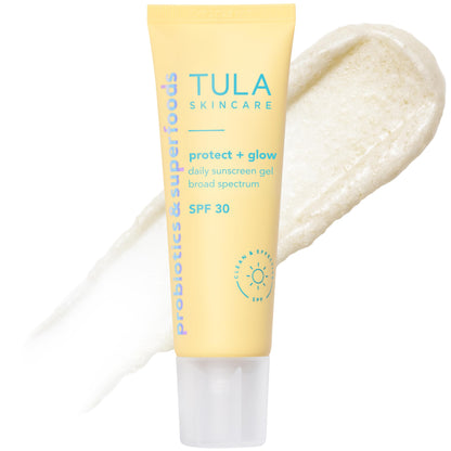TULA Skin Care Protect + Glow Daily Sunscreen - Gel, Broad Spectrum SPF 30, Skincare-First, Non-Greasy, Non-Comedogenic and Reef-Safe with Pollution and Blue Light Protection, Regular, 1.7 fl oz.