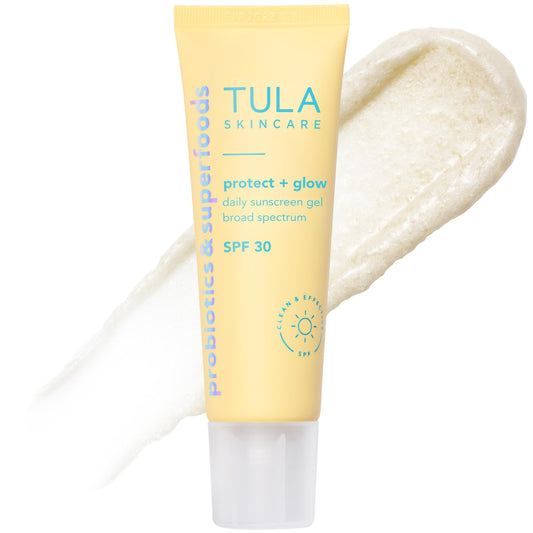 TULA Skin Care Protect + Glow Daily Sunscreen - Gel, Broad Spectrum SPF 30, Skincare-First, Non-Greasy, Non-Comedogenic and Reef-Safe with Pollution and Blue Light Protection, Regular, 1.7 fl oz.