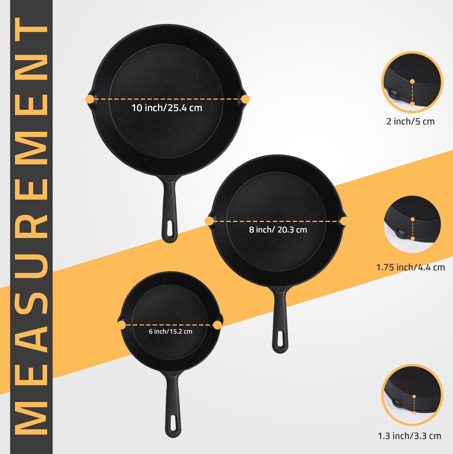 Utopia Kitchen Cast iron Skillets 3 Piece Set, Chefs Pan, Pre Seasoned Cast iron Skillets, 6, 8 & 10 Inches, Easy Use in the Oven, Stove, Grill, or Campfire, Black