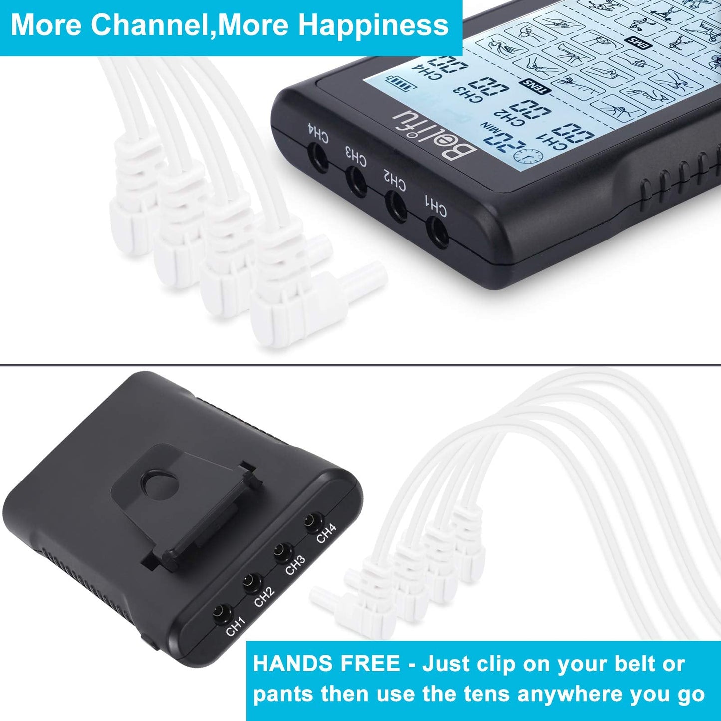 Belifu 4 Independent Channel TENS EMS Unit, 24 Modes,30 Level Intensity Muscle Stimulator Machine, Rechargeable Electric Pulse Massager with 10 Pads&5 Set Leads Wires, for Pain Relief Therapy(Black)