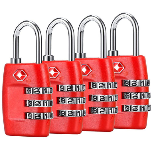 TSA Luggage Locks (4Pack) - 3 Digit Combination Padlocks - Approved Travel Lock for Suitcases & Baggage (Red)