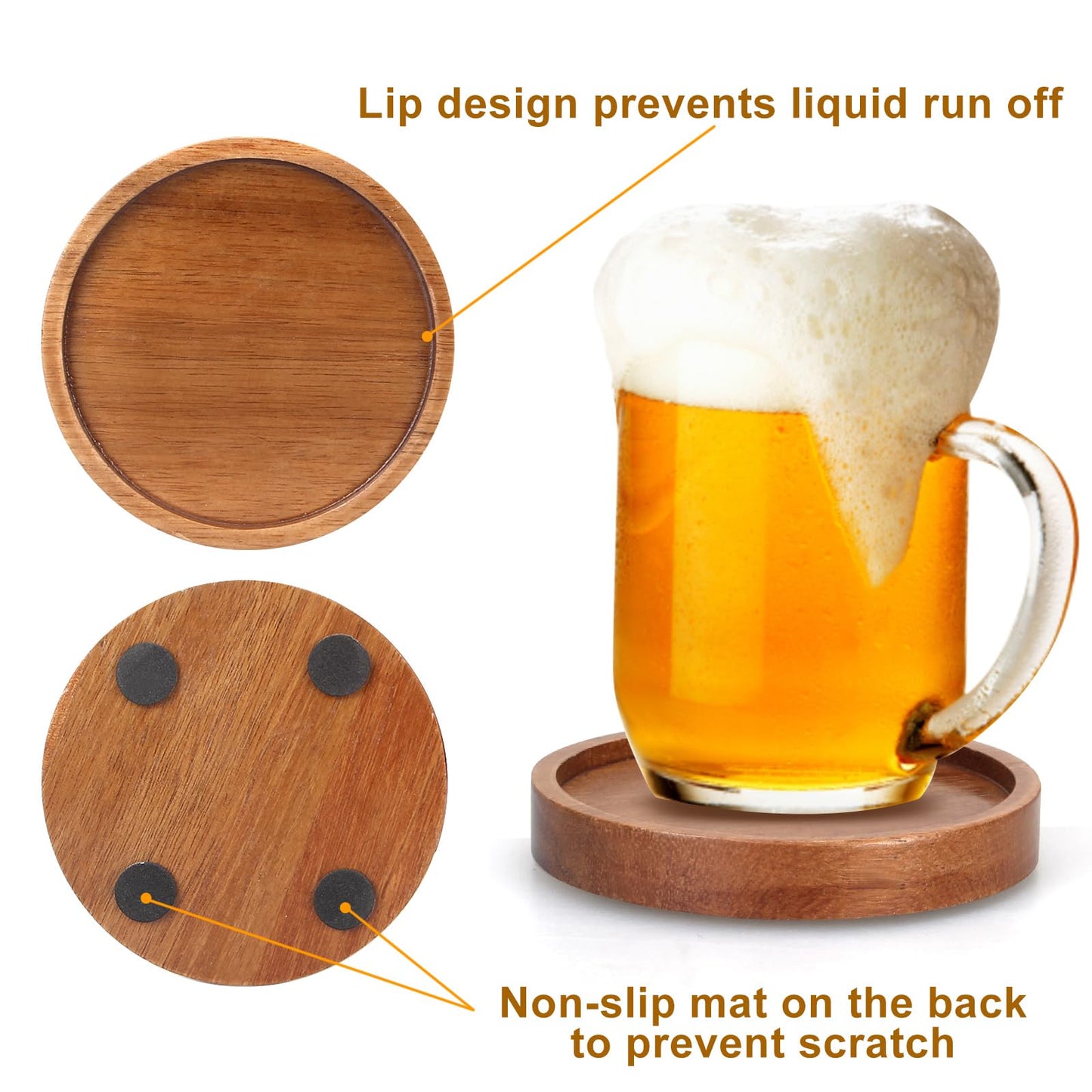 6 Pcs Best Wooden Coasters with Holder Coffee Table Decor Acacia Wood Coaster Set Modern Cup Coaster for Drink Home Dining Table Kitchen Accessories Cute Beer Bar Decorative Rustic Outdoor Coasters