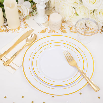 GATHER 176 Pieces Gold Dinnerware Disposable - White and Gold Plastic Plates Includes 50 Plates, 25 Plastic Silverware, 25 Napkins, 25 Cups and 1 Tablecloth for Wedding Party