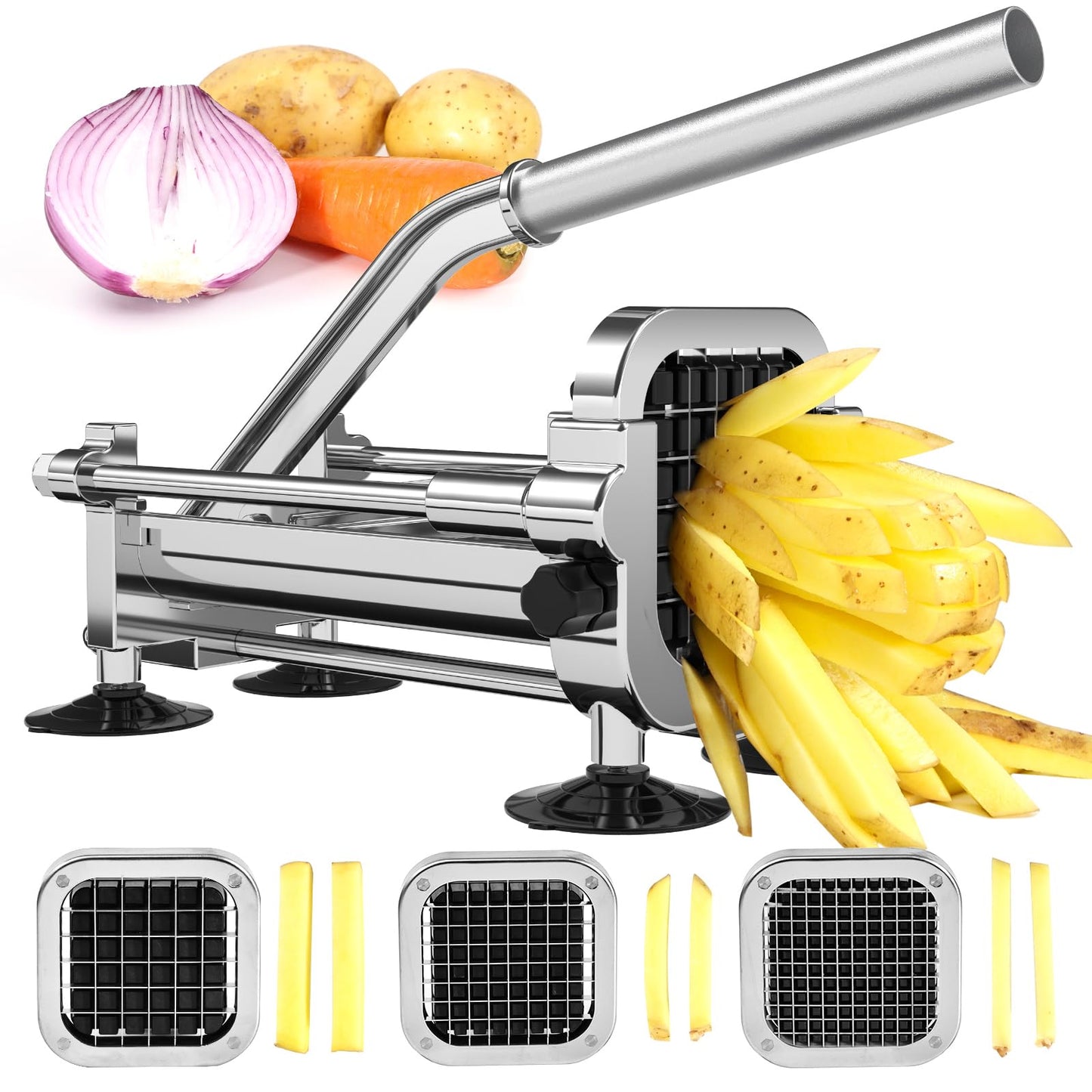 Befano French Fry Cutter, Stainless Steel Potato Cutter with 1/2 Inch, 3/8 Inch and 1/4 Inch Blades (Manual Cutter, 1/2 '' & 3/8 '' & 1/4 '' Blade)