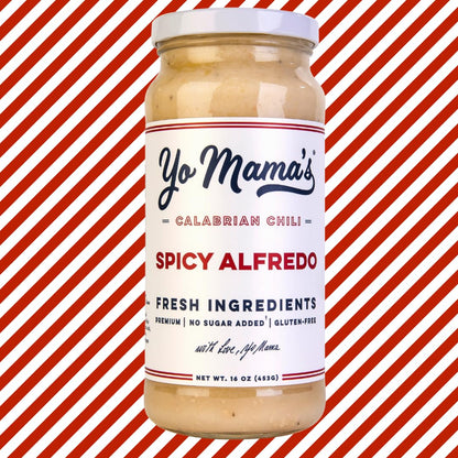 Yo Mama’s Foods Gourmet Keto Spicy Alfredo Pasta Sauce | (3) 16 Ounce Glass Bottles | Our Spicy Sauce is Low Carb, Paleo, Gluten Free, Low Calorie and is Made with only the Freshest Ingredients!