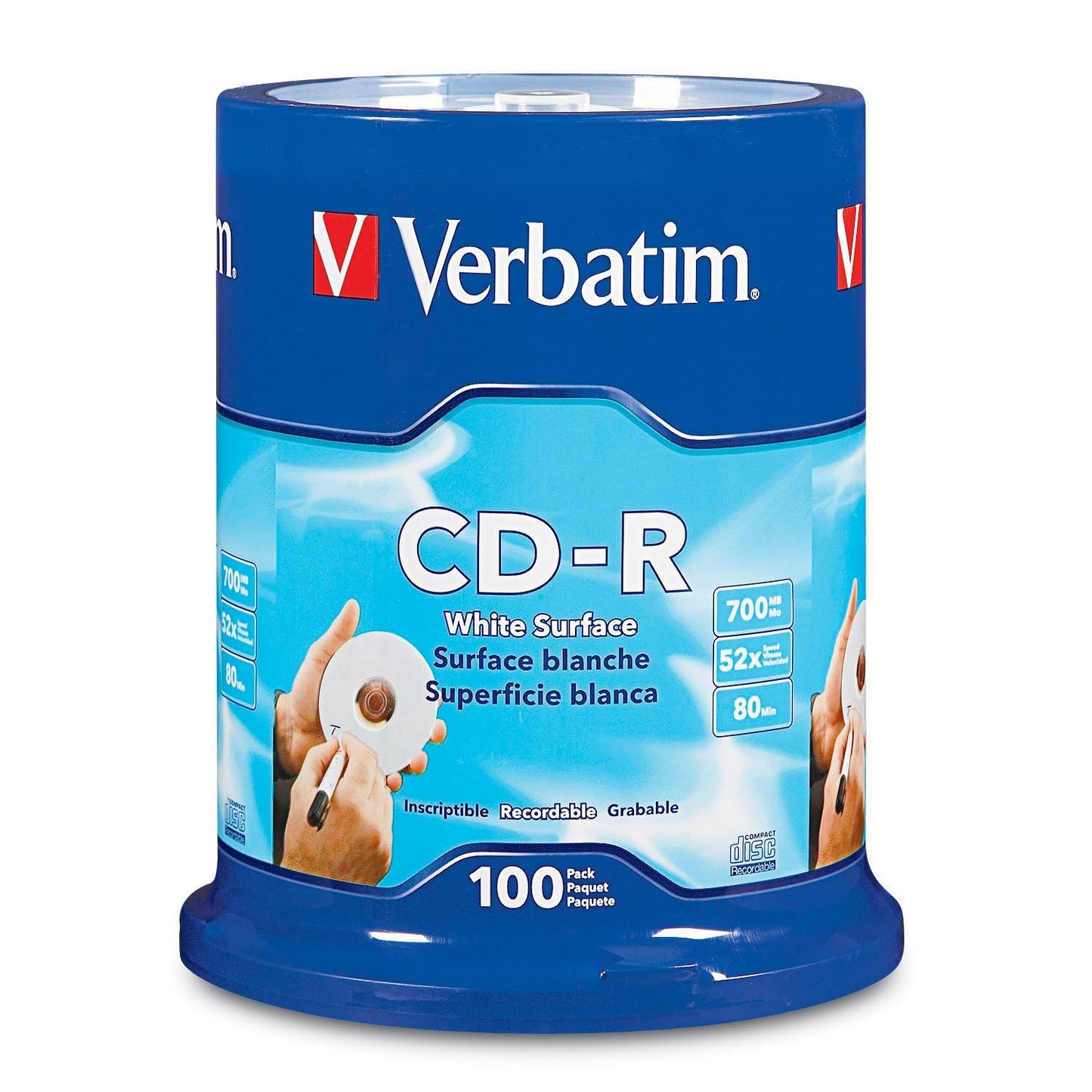 Verbatim CD-R Blank Discs 700MB 80 Minutes 52x Recordable Disc for Data and Music with Blank White Surface - 100 Pack Spindle