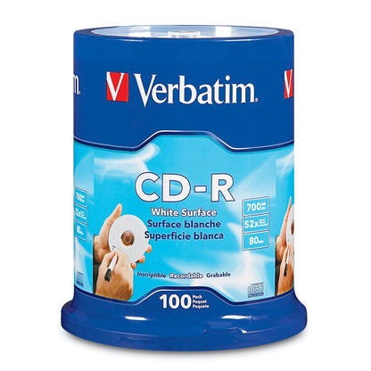Verbatim CD-R Blank Discs 700MB 80 Minutes 52x Recordable Disc for Data and Music with Blank White Surface - 100 Pack Spindle