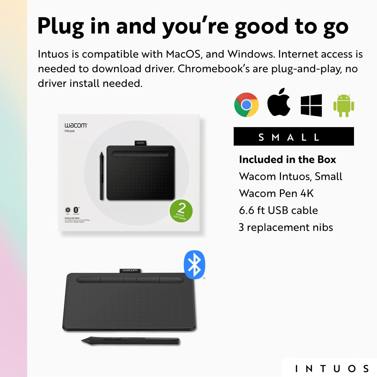 Wacom Intuos Small Bluetooth Graphics Drawing Tablet, 4 Customizable ExpressKeys, Portable for Teachers, Students and Creators, Compatible with Chromebook Mac OS Android and Windows - Black