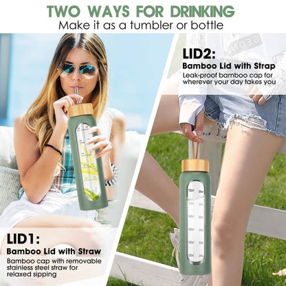 SipZest 32 oz Glass Water Bottles with Straw - Motivational Bottle with Time Marker & Silicone Sleeve - Reusable Tumbler Includes 2 Bamboo Lids & Fruit Infuser - 1 Pack