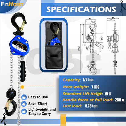 FITHOIST Mini Chain Hoist 1/2 Ton 1100Lbs Capacity 10Ft Lift Manual Lever Chain Hoist Alloy Steel G80 Chain 2 Heavy Duty Hooks, for Garages Warehouse Automotive Machinery