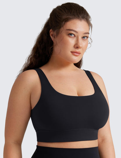 CRZ YOGA Butterluxe Womens U Back Sports Bra - Scoop Neck Padded Low Impact Yoga Clothes Workout Crop Top with Built in Pads Black Small