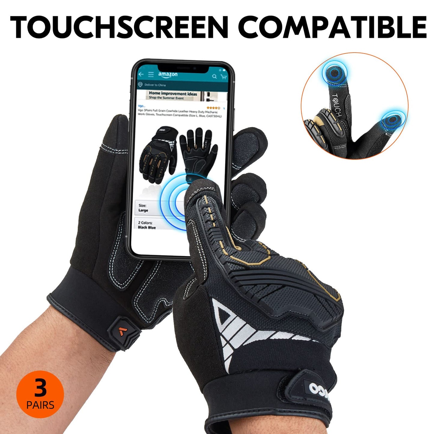 Vgo... 3-Pairs Heavy Duty Synthetic Leather Work Gloves, Impact Protection Mechanic Gloves, Rigger Gloves, Vibration Reduction, Touchscreen Capable (Size XL, Black, SL8849)